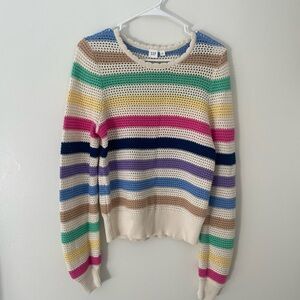 GAP Women's Pastel Color Striped Crochet Crew Neck Sweater With Scalloped Design